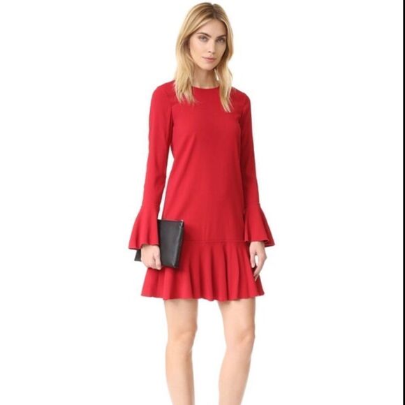 NEW Theory Marah Bergen Red Ruffle Trim Flounced Dress Size 4 - Picture 1 of 8
